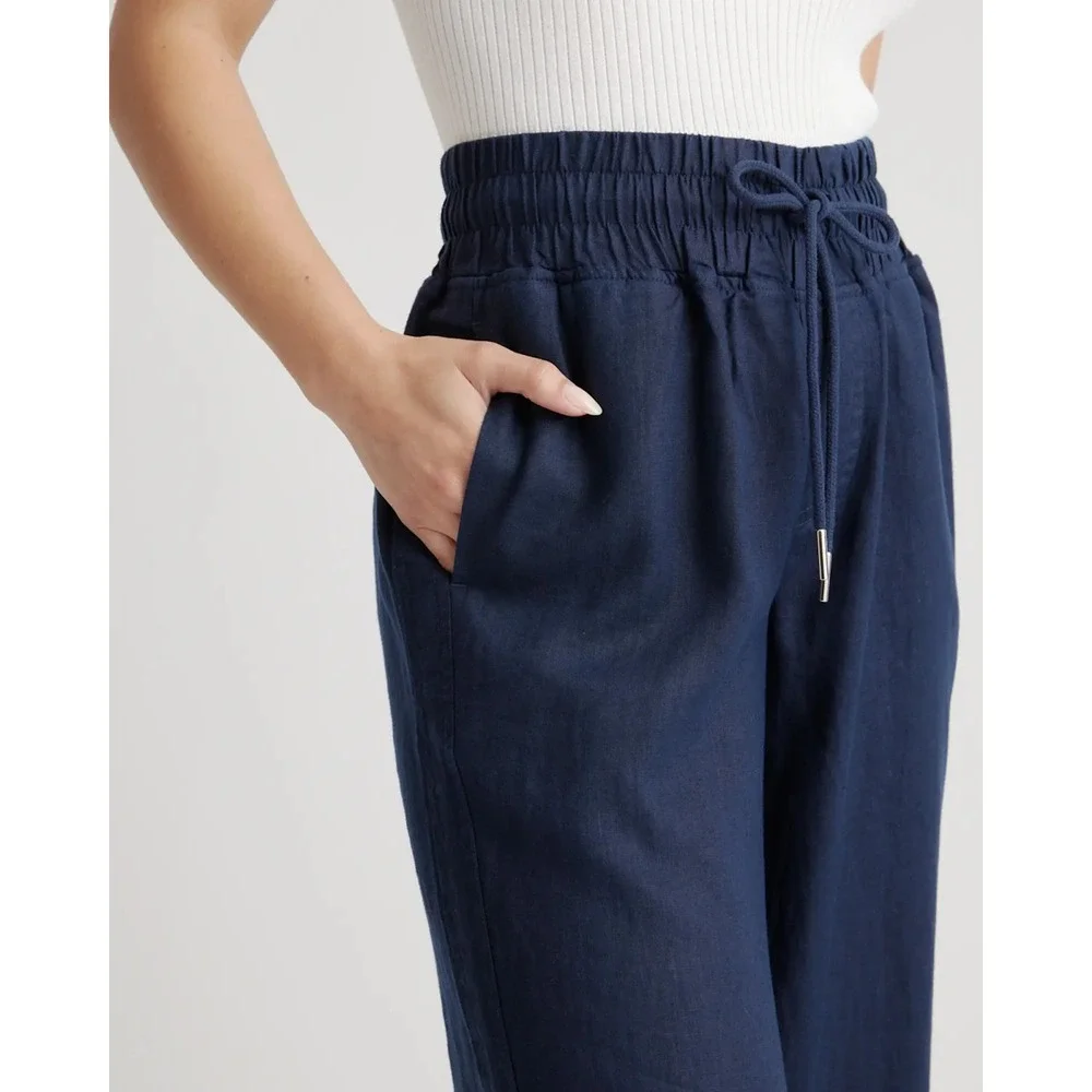 Quince 100% European Linen Wide Leg Pants M Navy Blue Pull On Drawstring Capsule